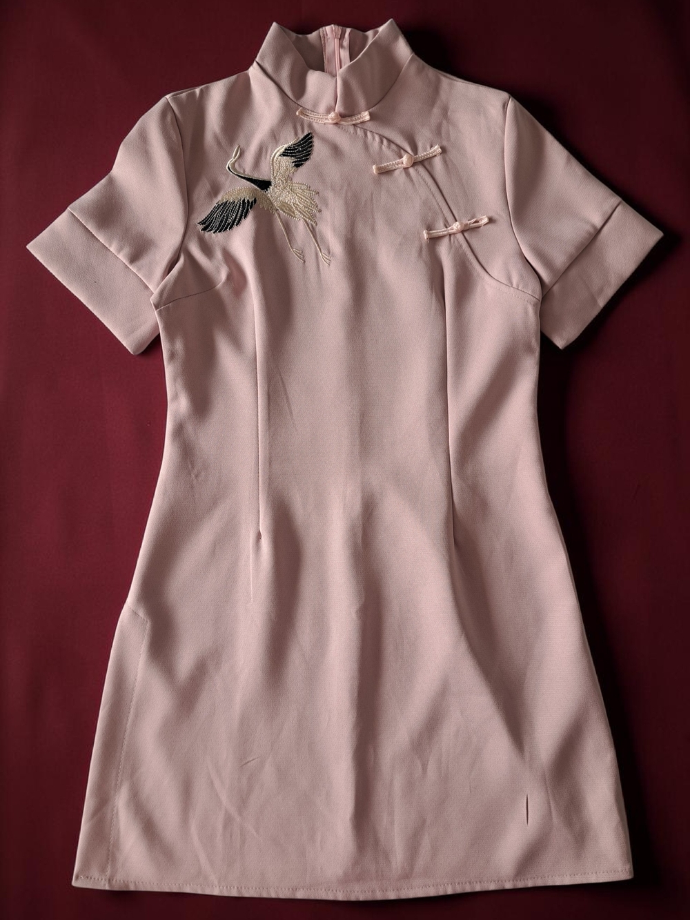 Soft Pink Short Cheongsam Dress with Crane Embroidery